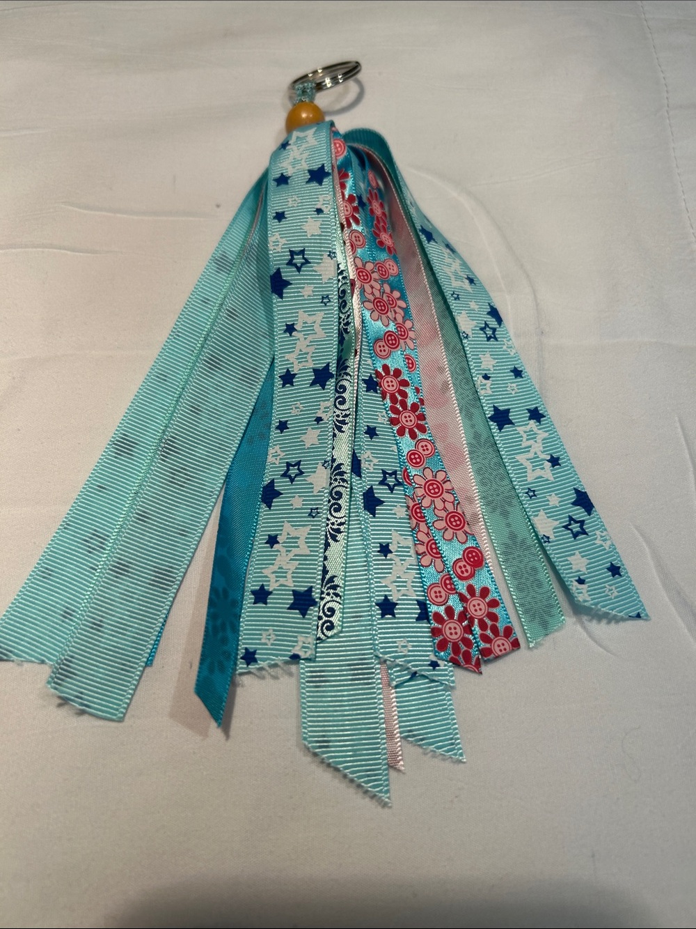 Teal & Aqua Ribbon Tassel Keychain with Beaded Accent - Handmade